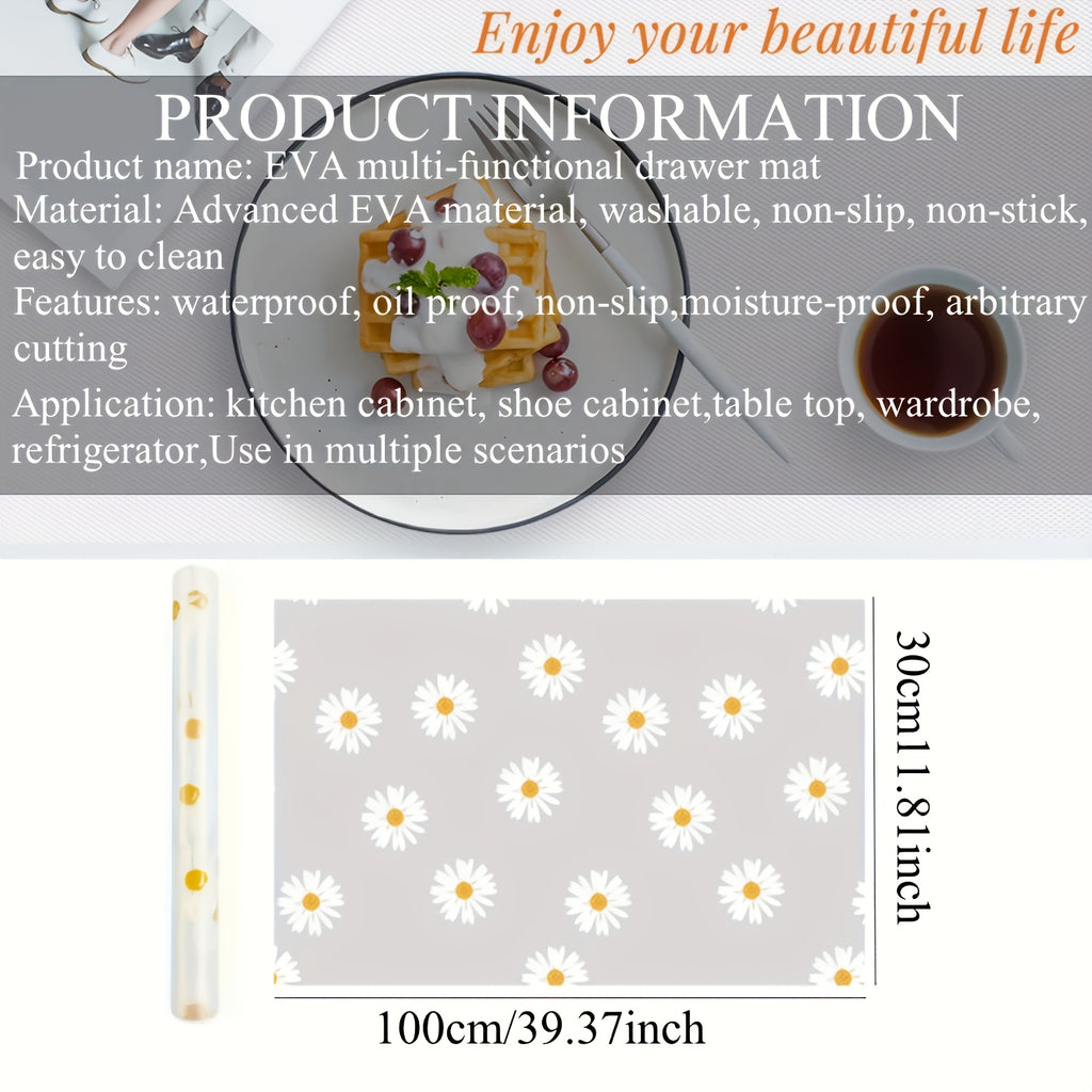 1 Roll Daisy Design Waterproof Cabinet Shelf Liner - Easy to Clean Plastic Mat, Waterproof, Oil-Proof, Non-Slip Durable Shelf Mat | Cuttable, Suitable for Kitchen, Refrigerator, Table And Drawer Organization - Length 100 Cm/39.37 Inches