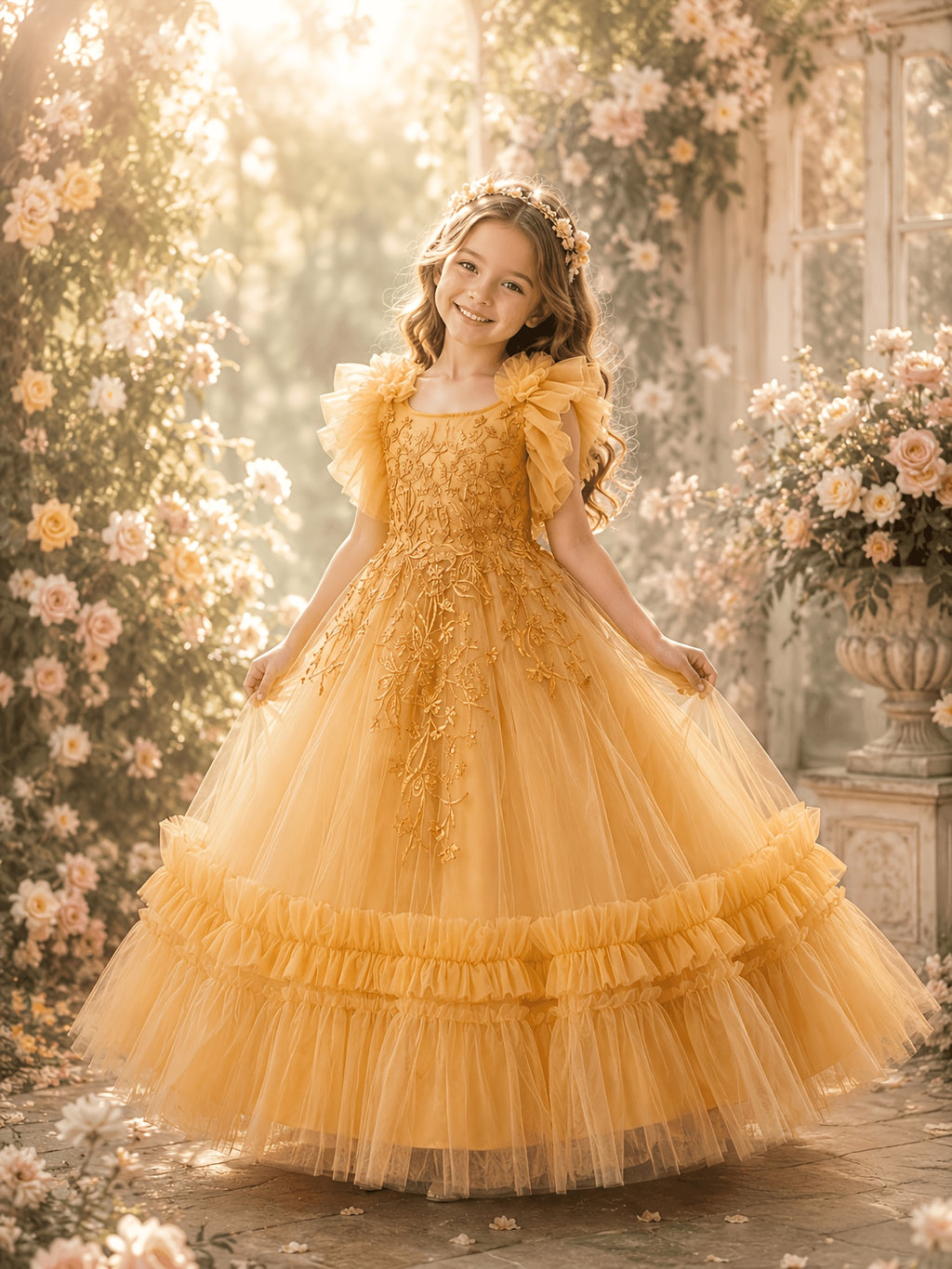 Elegant Fluffy Tulle Wedding Gown for Young Girls, Gorgeous Appliqué Sequin Embellished Princess Dress, Suitable for Prom and Evening Parties