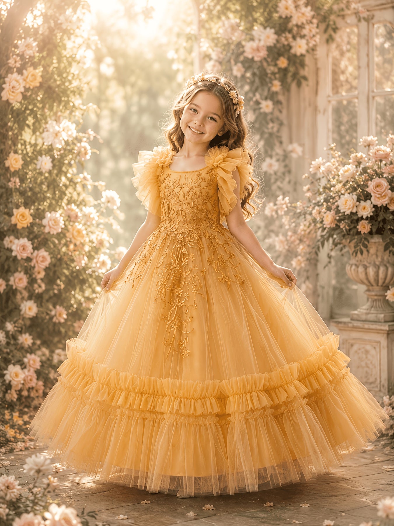 Elegant Fluffy Tulle Wedding Gown for Young Girls, Gorgeous Appliqué Sequin Embellished Princess Dress, Suitable for Prom and Evening Parties