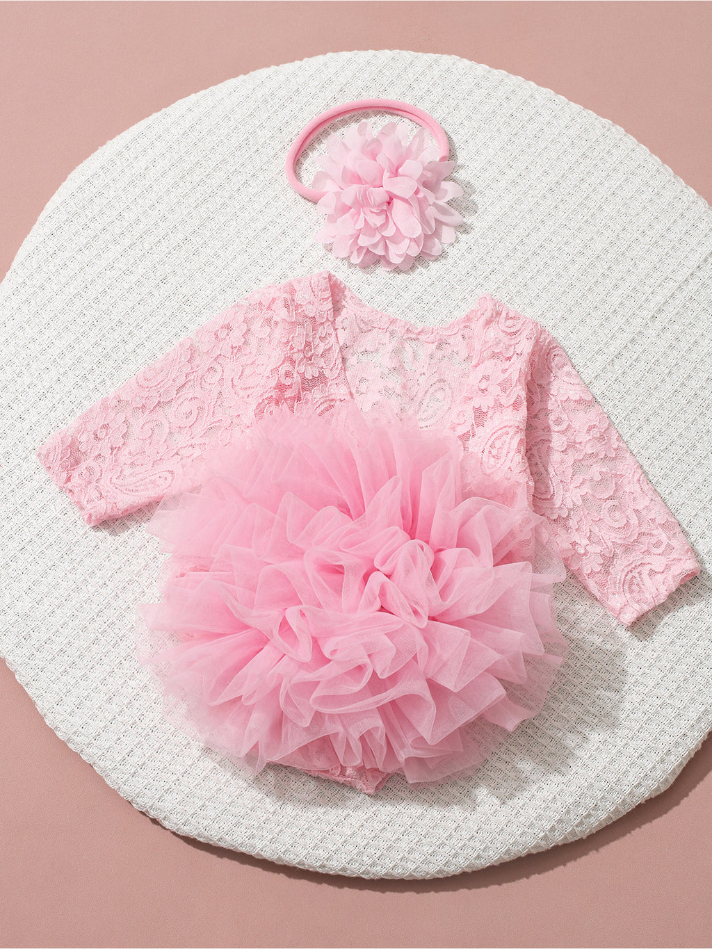 [Newborn Lace Bodysuit Set] Newborn Puff Mesh Lace Triangle Bodysuit with Headband - 2pcs Children's Knitted Long-Sleeve Set - Newborn Photography Outfit