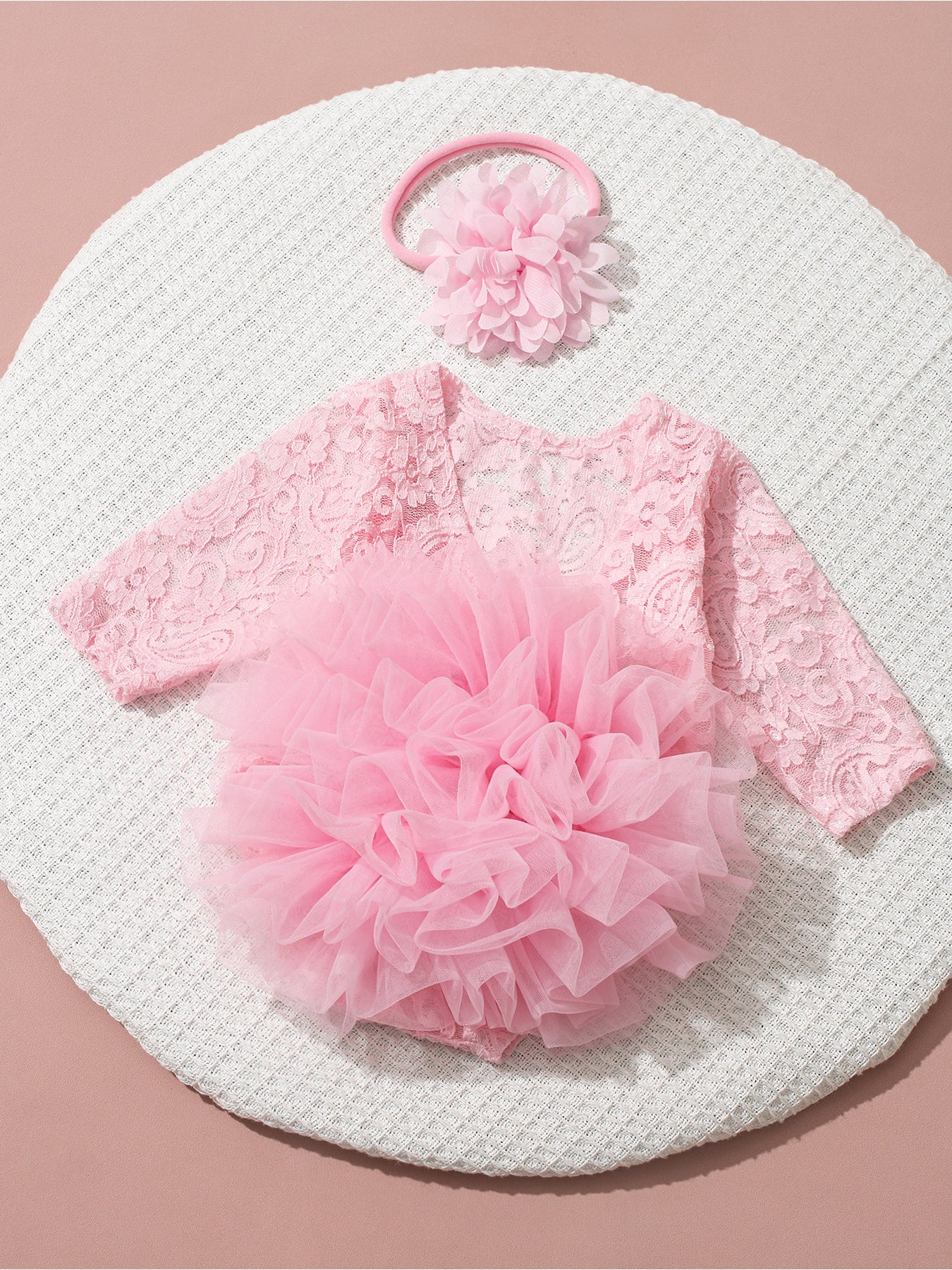 [Newborn Lace Bodysuit Set] Newborn Puff Mesh Lace Triangle Bodysuit with Headband - 2pcs Children's Knitted Long-Sleeve Set - Newborn Photography Outfit