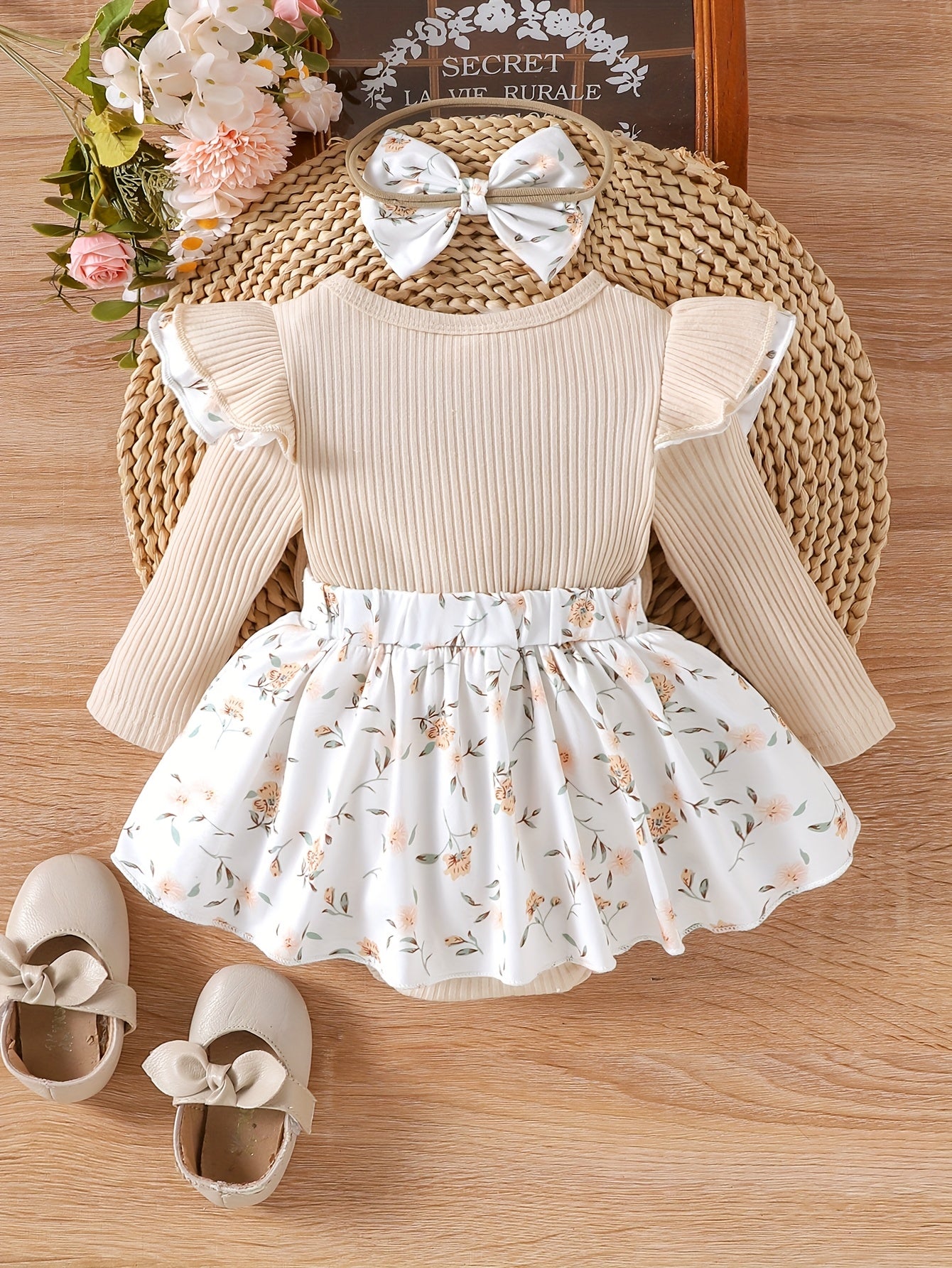 Spring/Autumn Infant Floral Print Long-Sleeve Romper Dress for Baby Girls with Flutter Sleeves + Headband Children's Clothing, Perfect for Outdoor