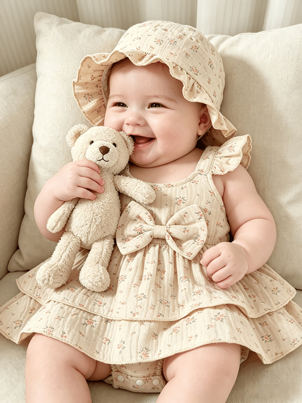 2pcs Set of Elegant Cute Baby Dresses And Rompers, Soft Breathable Comfortable Bow-Adorned Solid Ruffled Tiered Dresses And Sun Hats, Suitable for Casual Daily Vacation, for Outdoor