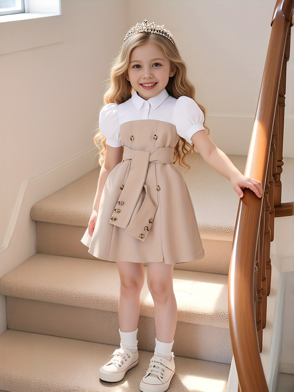 Girls' Elegant Black And White Color-Block Dress with Puff Sleeves And Button Front, Waist-Cinched Umbrella Skirt, Party Wedding Beach Casual Dress, Classic Neckline, Non-Stretch Fabric