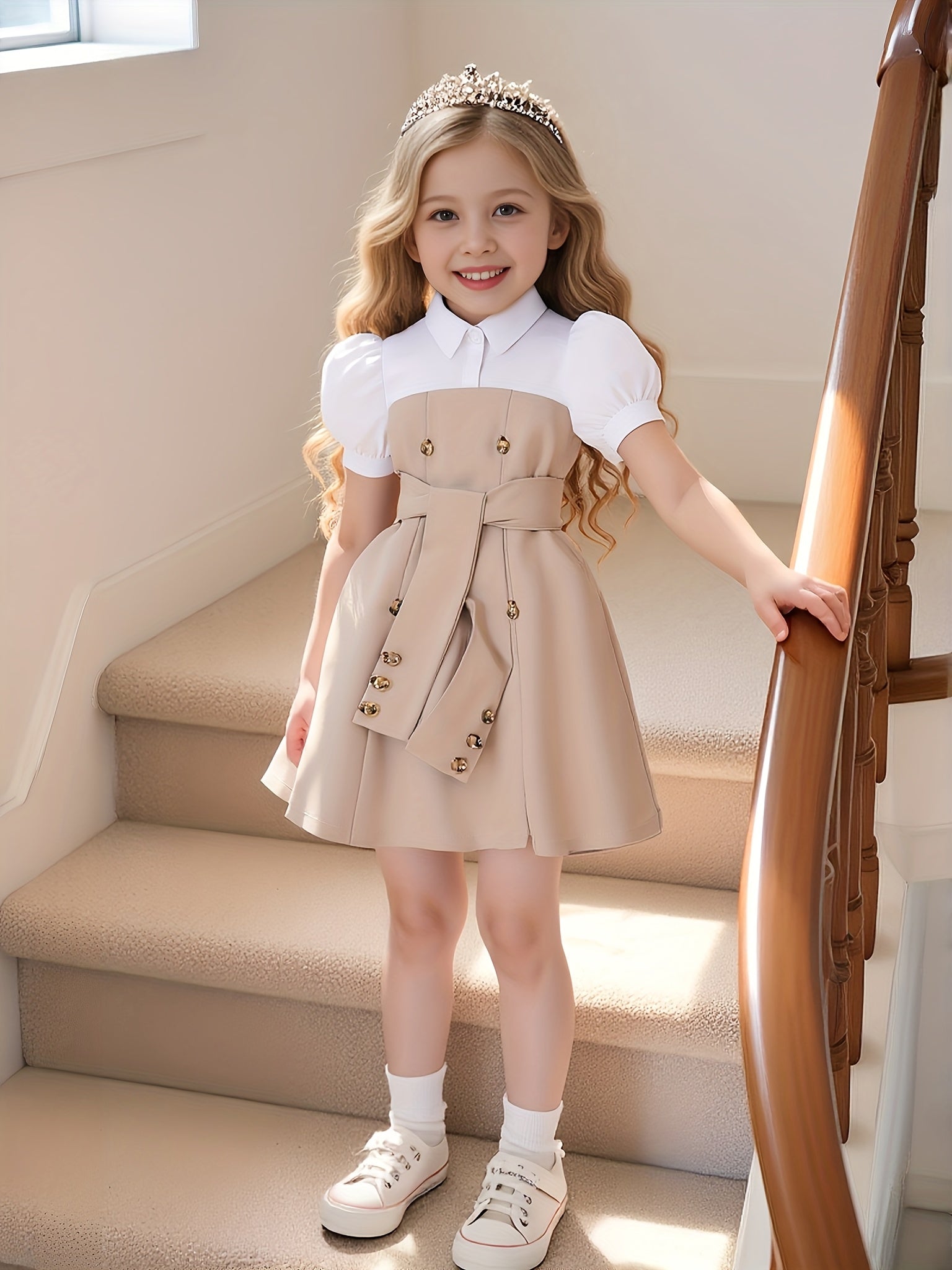 Girls' Elegant Black And White Color-Block Dress with Puff Sleeves And Button Front, Waist-Cinched Umbrella Skirt, Party Wedding Beach Casual Dress, Classic Neckline, Non-Stretch Fabric