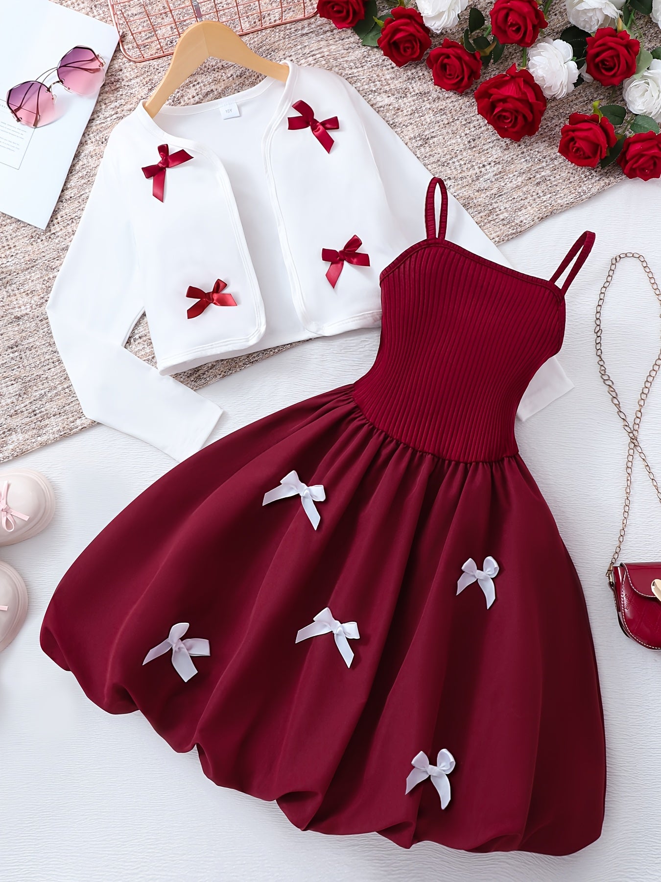 Girls Dress Set | Party Dress | Camisole Dress And Cardigan Set | Bow Detail Camisole Dress with Soft Stretch And Skin-Friendly Elegant Dress Set, Thin Straps, 8-12 Years Old Girls Long Sleeve Cardigan And Camisole Dress Set for Parties