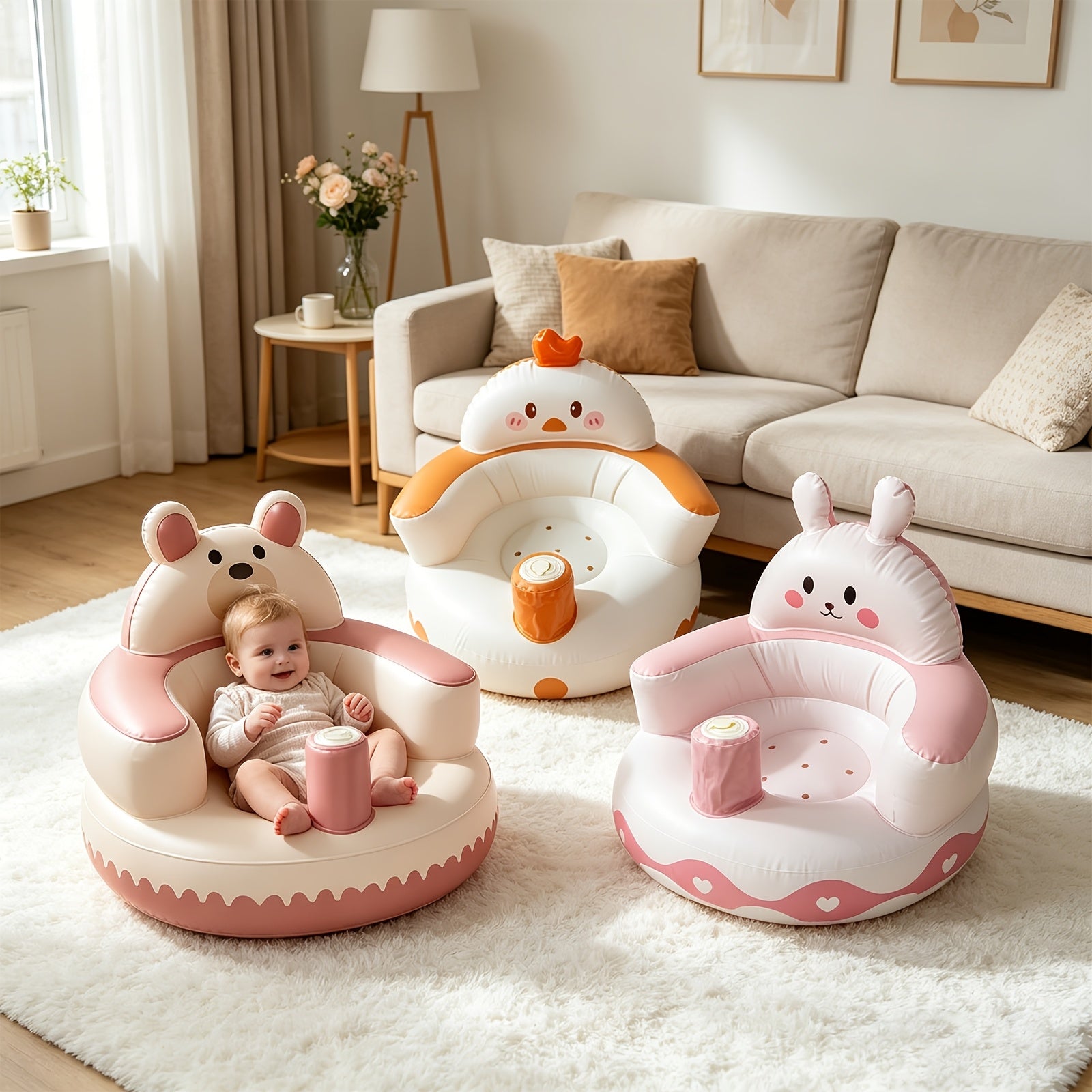 Inflatable Learning Seat for Children, 3 Cartoon Styles, Baby Training Seat, Newborn Sitting Aid, Multi-purpose Home Bathroom Bathtime Seat