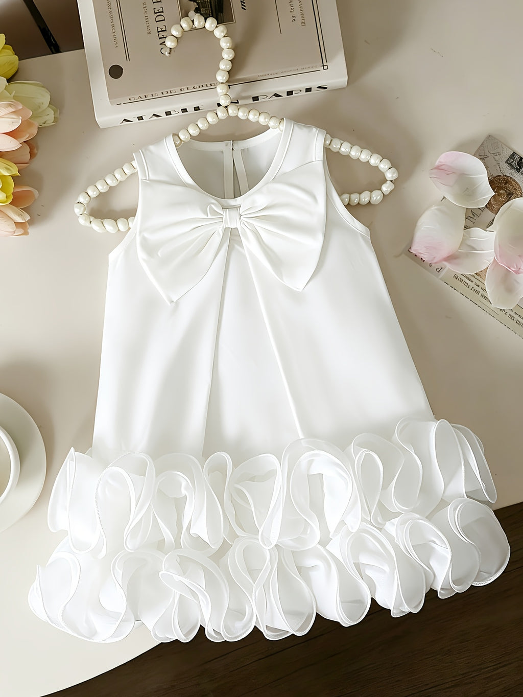Girls' Sleeveless Mesh Dress, Toddler Princess Style Bow Puffy Skirt, White Flower Girl Party Dress