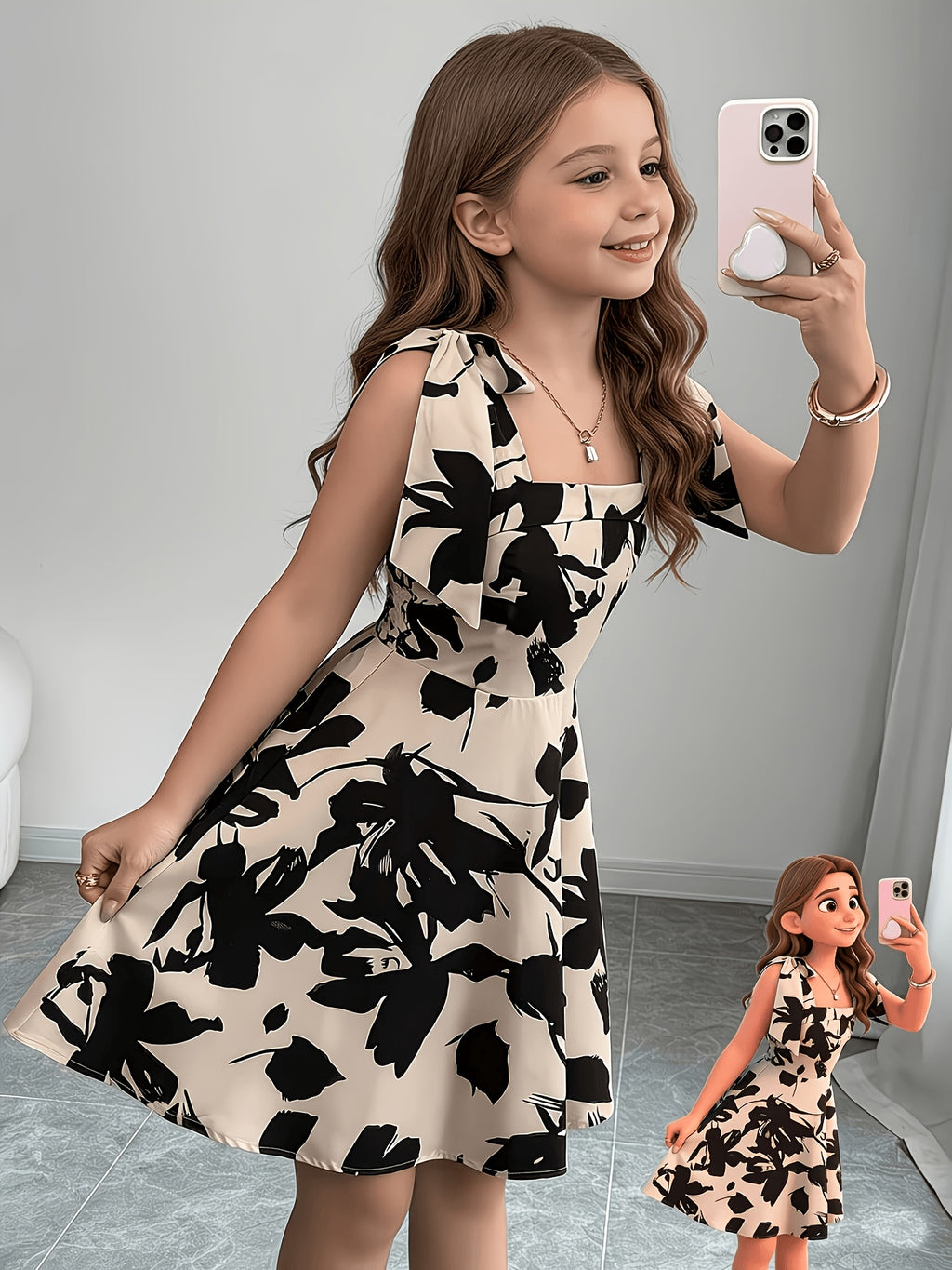 [Girls' Bow Dress] Girls' Fashion Dress - Sleeveless Square Neck Bow Shoulder Strap Ruched Waist