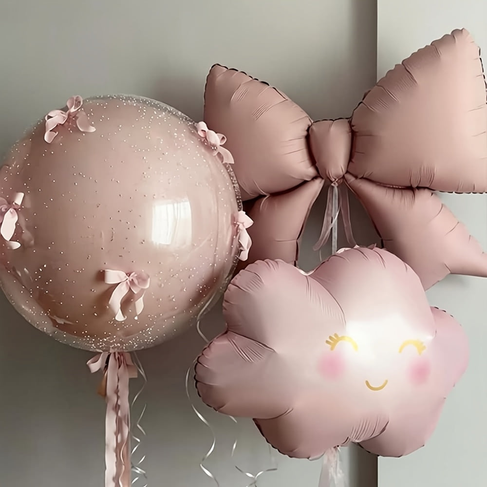 Pink Cloud + Bow Balloon Set / Includes Clouds, Pink Bow Foil Balloons, White, Macaron Pink, and Transparent Latex Balloons in Various Sizes / Plus Pompoms / Suitable for Birthdays, Confessions, Engagements, Marriage Proposals, Weddings, and Atmospheric