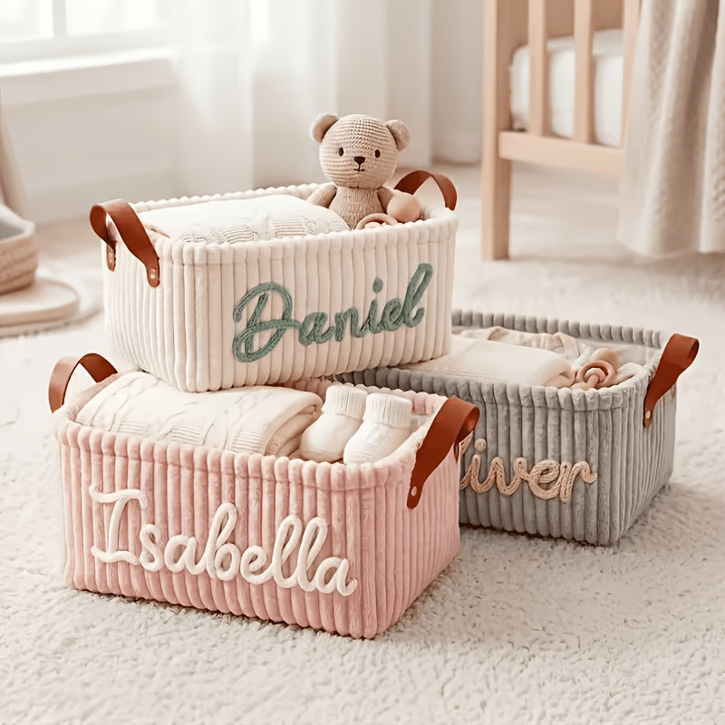 Custom Name Storage Basket with Leather Handles, Clothes Organizer, Storage Bin, Newborn First Month/100 Days/First Birthday Gift, Household Sundries Storage Basket, Multiple Colors Available, Trendy Ins-Style Kids' Room Storage Box, Newborn Birth
