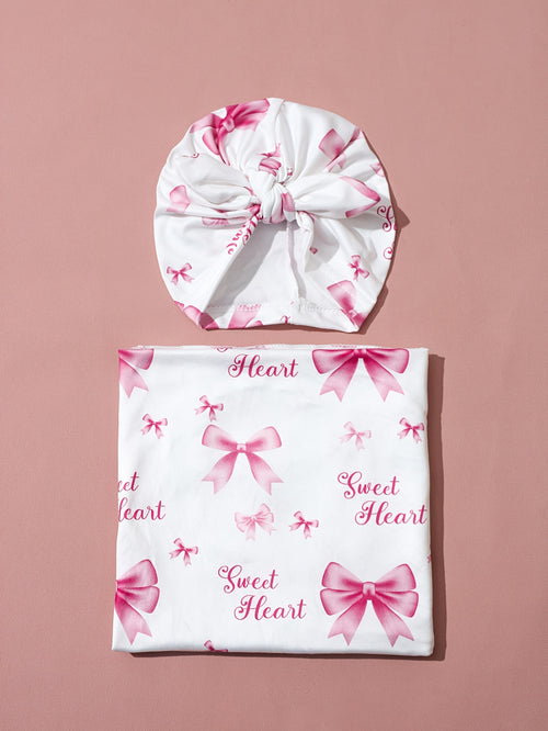 2pcs of Baby Swaddling Blankets and Hats, Suitable for Newborn Girls and Boys, Neutral Swaddling Blankets Suitable for Newborns, Soft and Skin-friendly, 81.28*81.28 cm (bowknot Series)