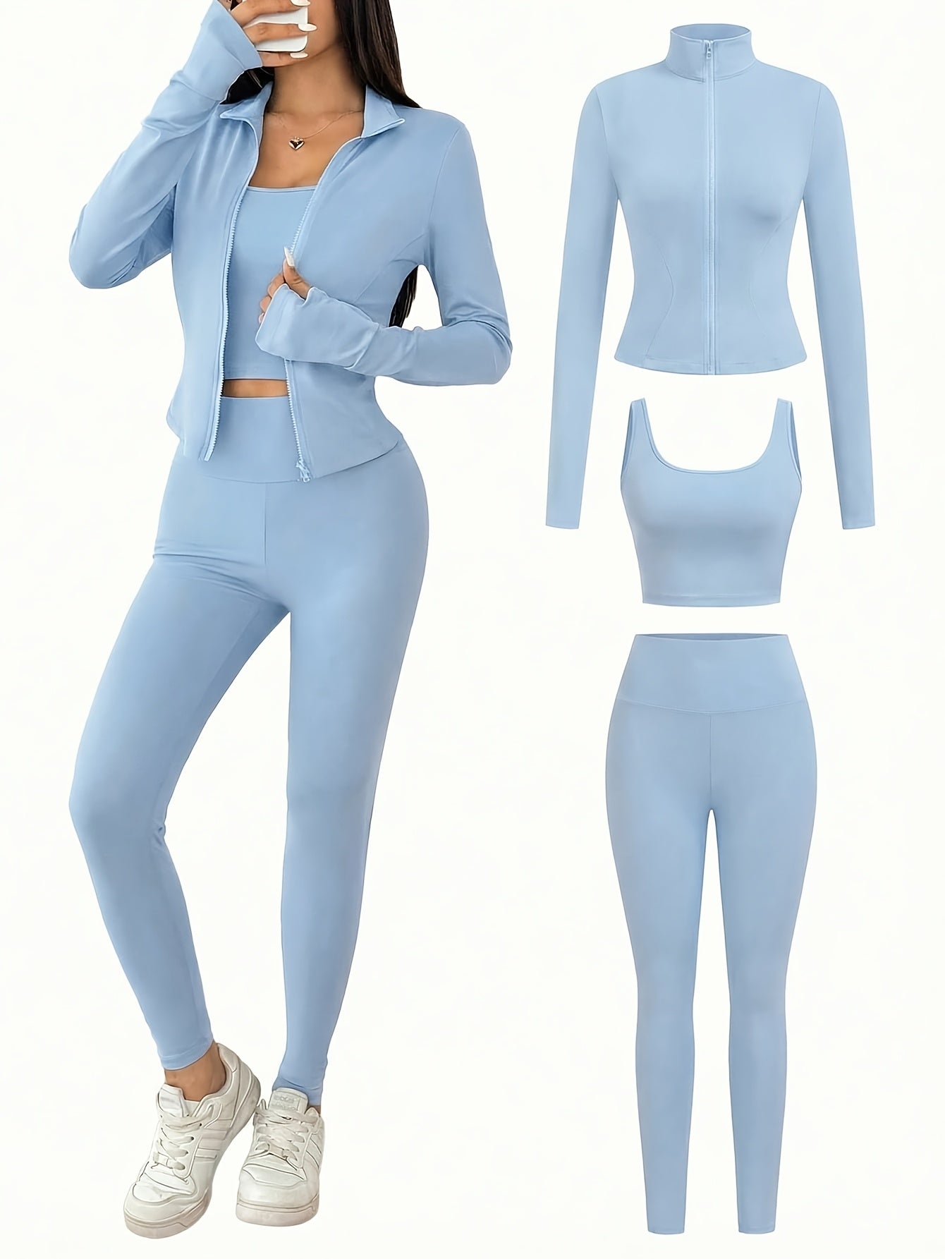 3pcs New Women'S Casual Sports Set with Zipper Thumbhole Long Sleeve Jacket, Sports Vest, And High-Waist Tight Elastic Athletic Pants for Workout, Fitness, Yoga, Running, And Casual Wear