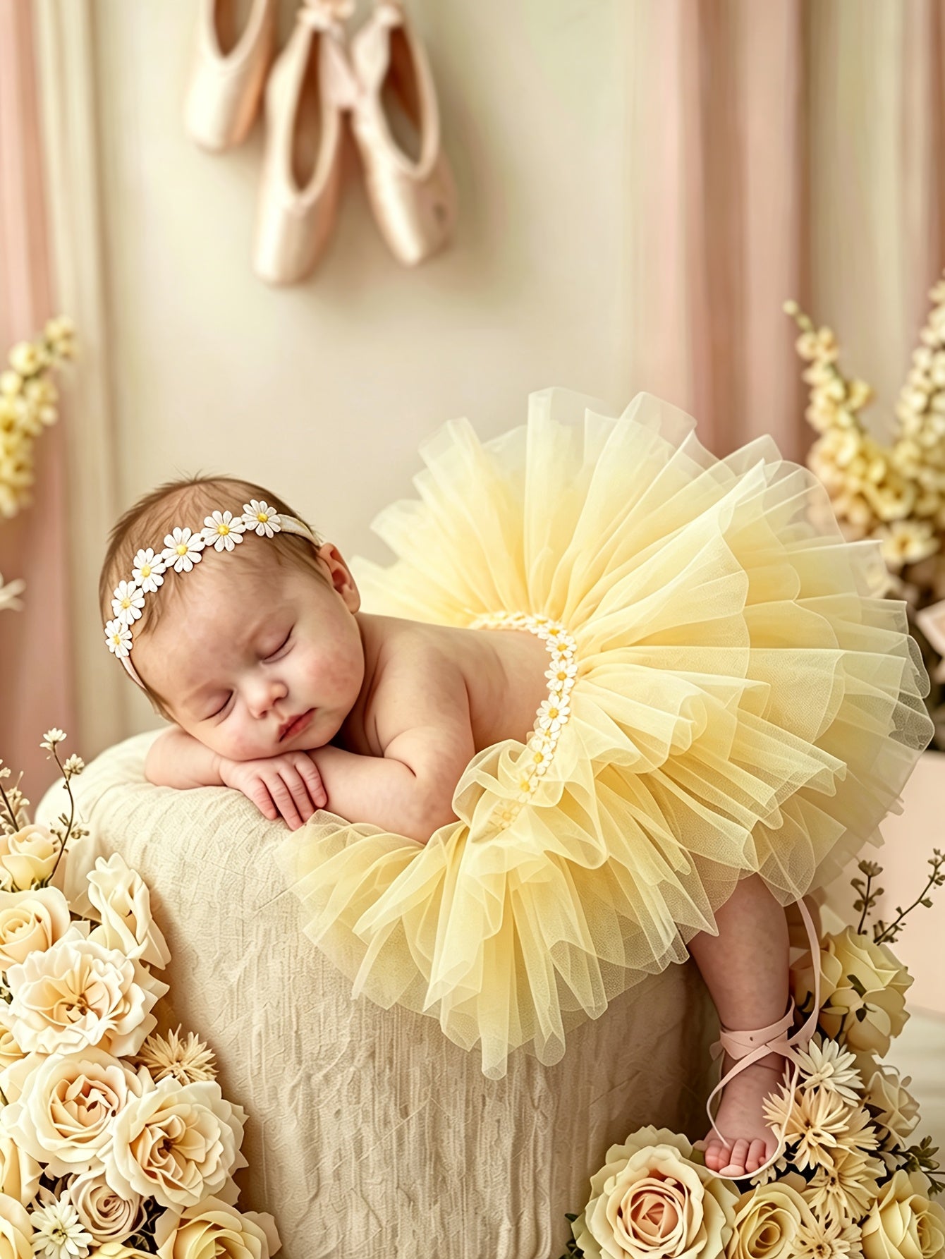 2pcs Newborn Mesh Tutu Skirt And Daisy Headband, Baby Mesh Puff Dress Set, Baby Photography Outfit