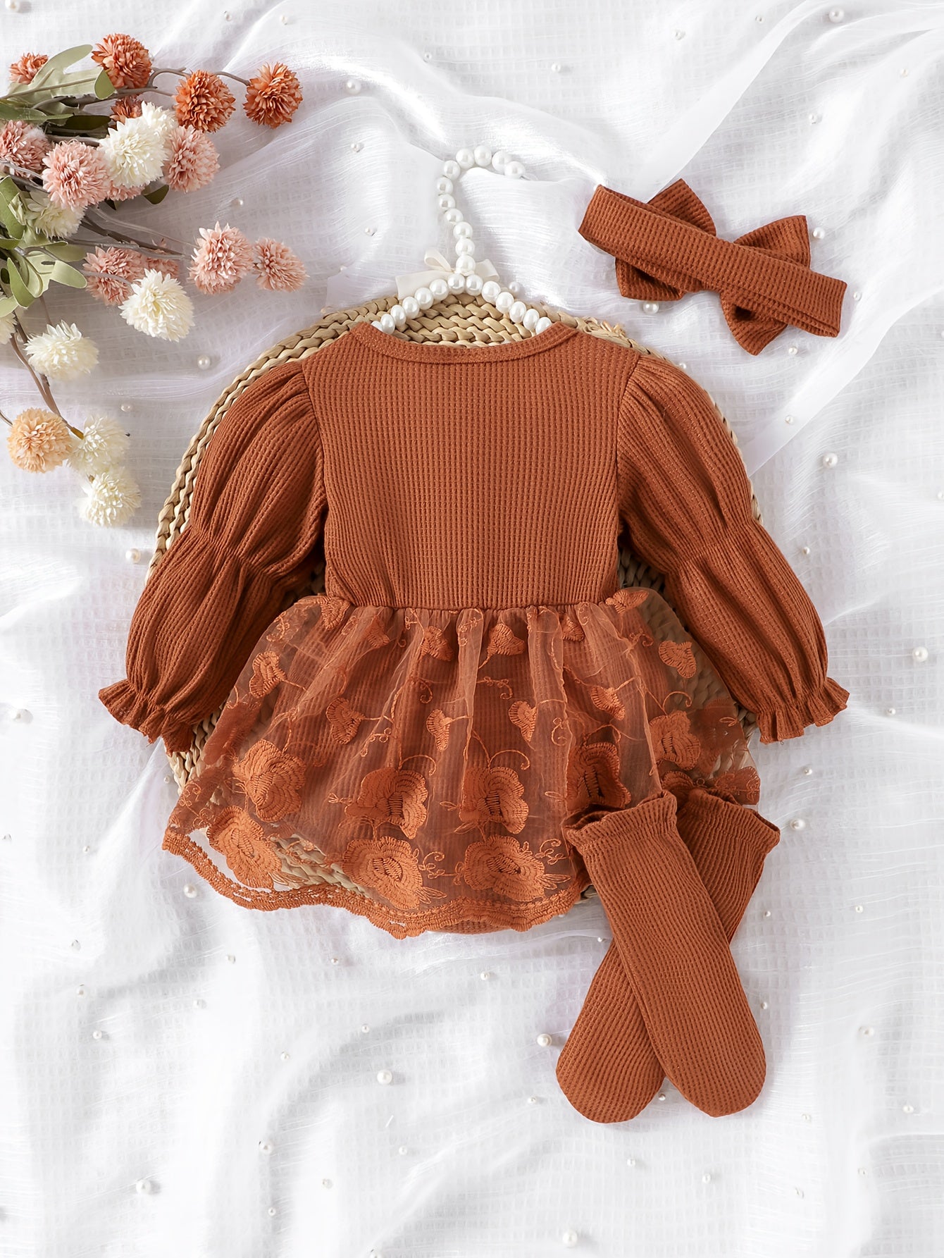 Fall Winter Style Baby Waffle Grid Lantern Sleeve Mesh Bodysuit, Socks And Headband, for Outdoor