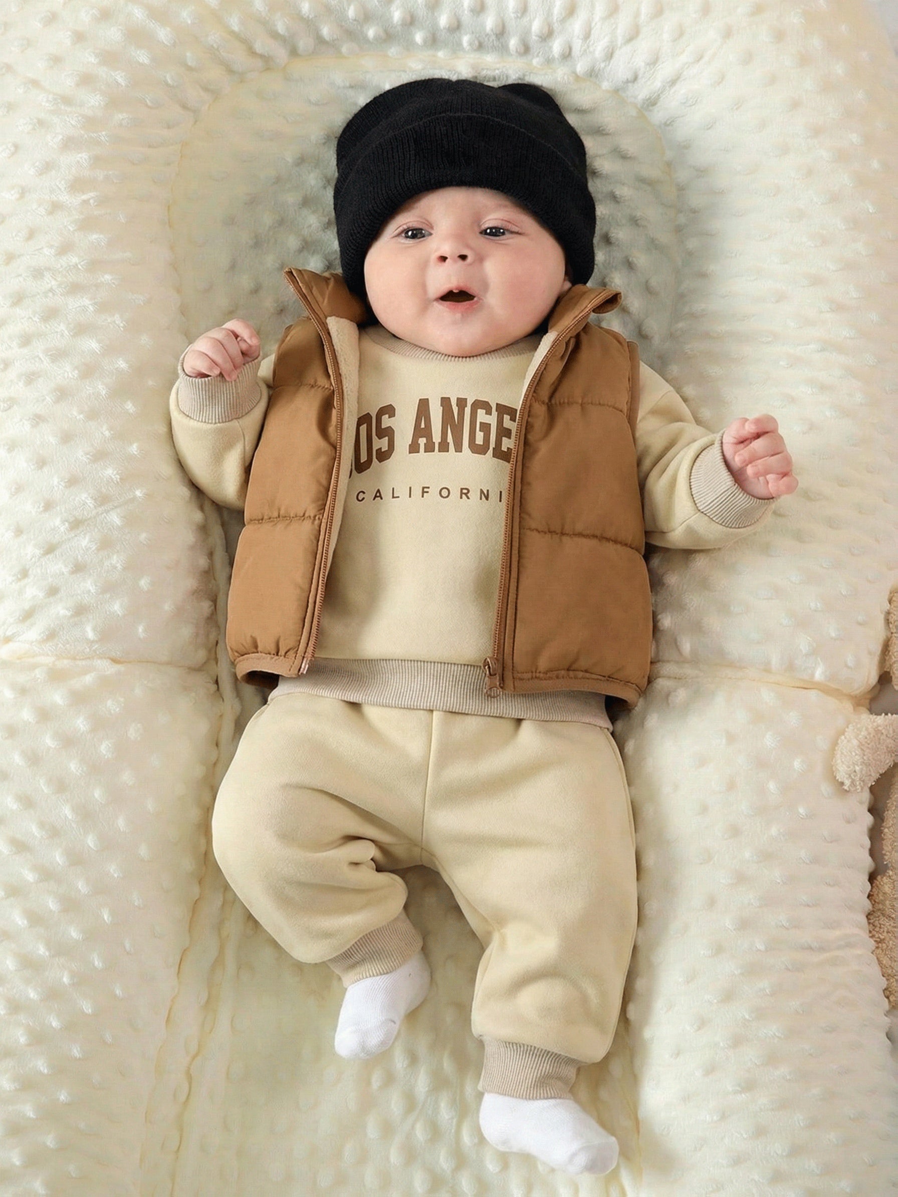 Boys' Spring, Autumn, Winter Casual Round Neck Long Sleeve Simple Letter Print Sweatshirt + Elastic Waist Solid Color Long Pants + Zipper Vest Newborn Baby 3pcs Set for Outings, Boys' Clothing, Perfect for Outdoor