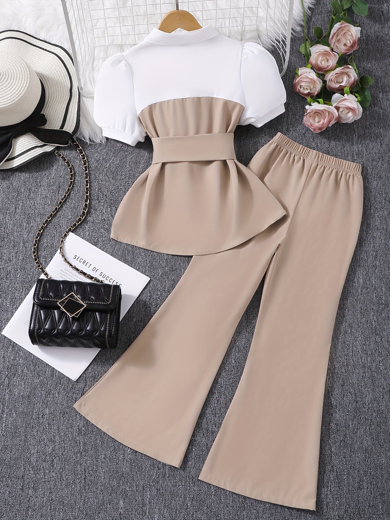 Contrasting Girls' Long Pants Set, Slim Princess Puff Sleeve Classic Contrasting Design, Flared Wide-Leg Pants, Beautiful And Comfortable Clothing, Durable Clothing, Back-To-School Outfit for Girls, School Outfit for Girls, Clothing Set, for Outdoor