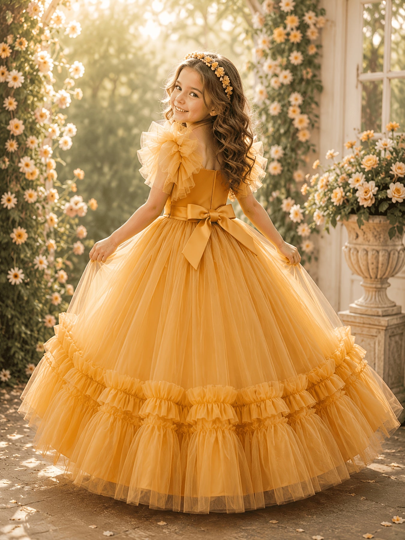 Elegant Fluffy Tulle Wedding Gown for Young Girls, Gorgeous Appliqué Sequin Embellished Princess Dress, Suitable for Prom and Evening Parties