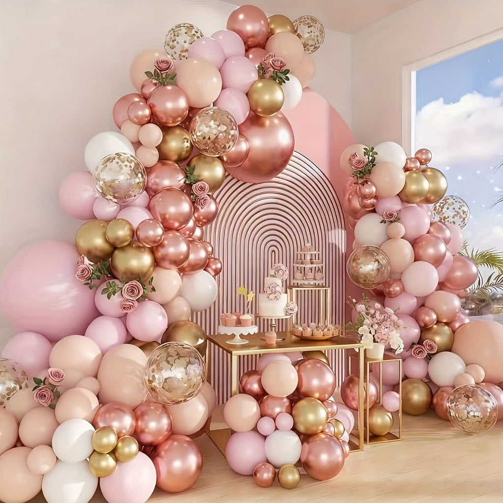 104pcs Rose Golden Pink Balloons Arch Pastel Pink Metallic Golden Matte White Confetti Balloons for Wedding Bridal Shower Princess Party Birthday Shower Decorations Supplies