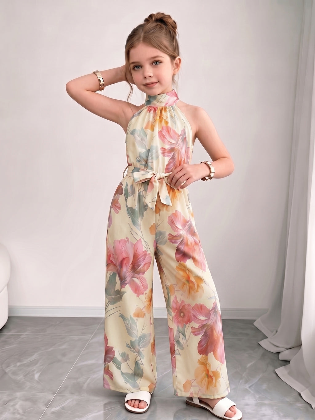 [Versatile Stylish Comfortable] Girls' Halter Neck Sleeveless Wide-Leg Jumpsuit, With a Matching Belt, New Summer Design, Suitable for Vacations, Everyday Wear, Parties, Versatile, Stylish And Comfortable, Effortlessly Creating a Fashionable Look, for Ou