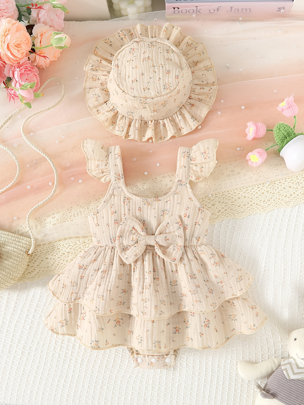 2pcs Set of Elegant Cute Baby Dresses And Rompers, Soft Breathable Comfortable Bow-Adorned Solid Ruffled Tiered Dresses And Sun Hats, Suitable for Casual Daily Vacation, for Outdoor