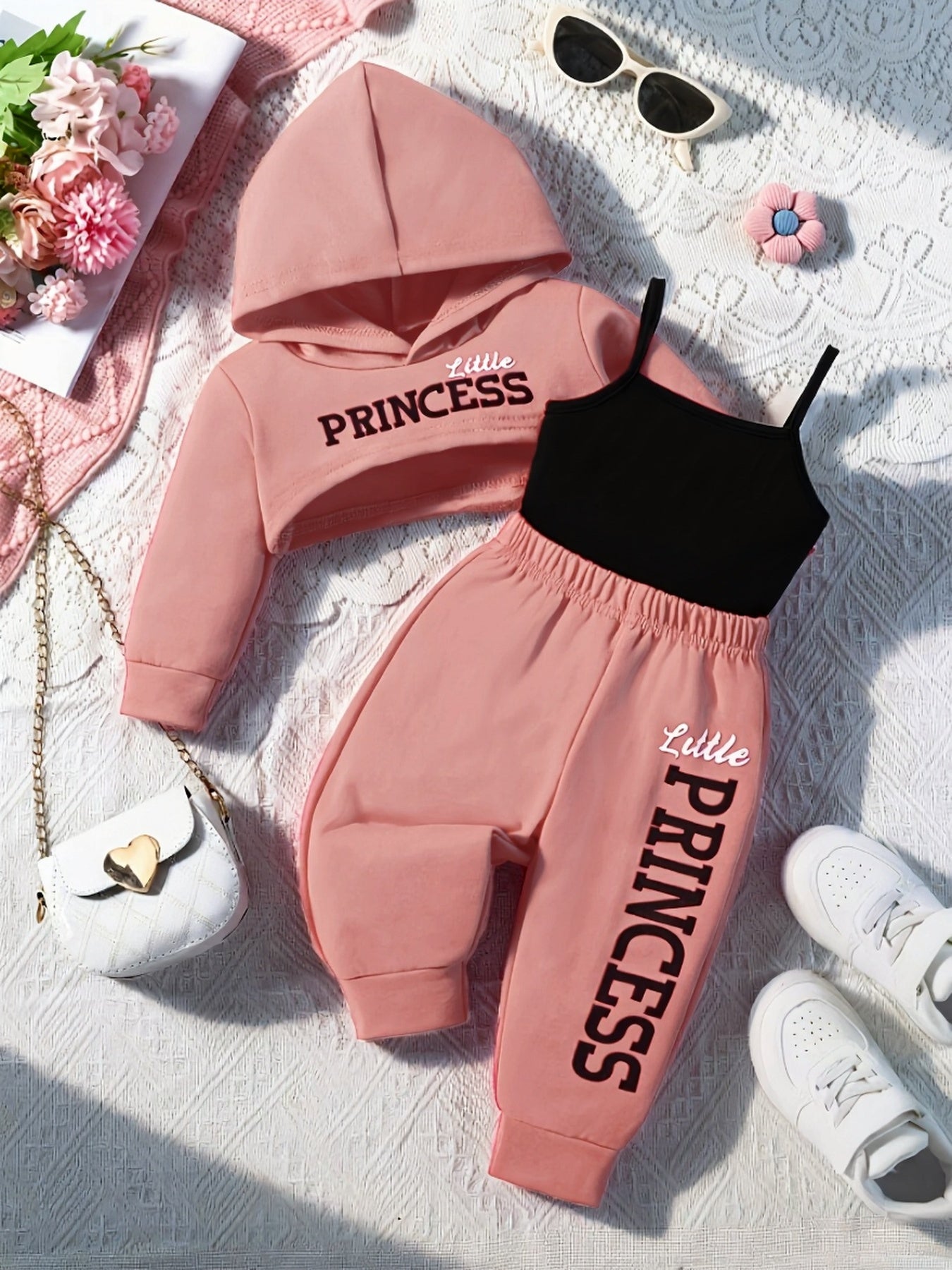 Girl Baby Fashion Letter Print/3pcs Set Kids Hoodie Short Top And Camisole Top And Pants Outfit/Street Casual/for Outdoor