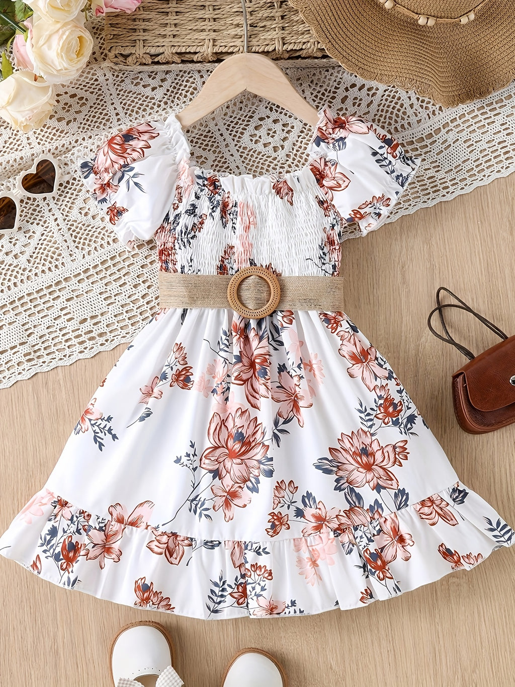 White Waist-Cinching Print Short-Sleeve Round-Neck Casual Dress for Girls