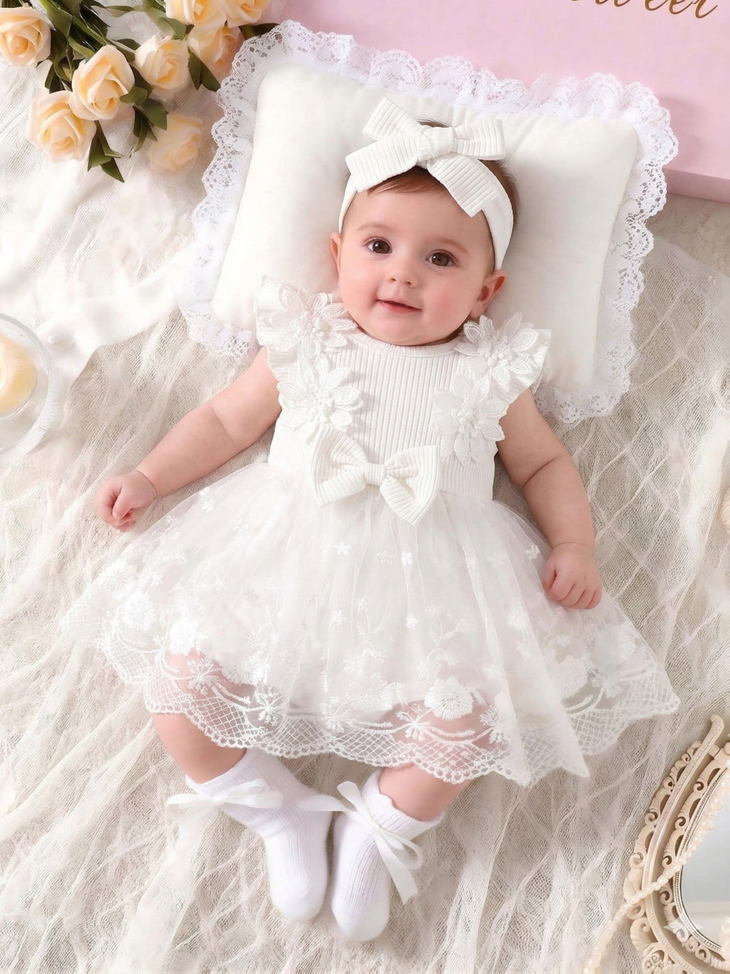 2pcs Set: Newborn Baby Girl Dress + Headband, Spring/Summer New Arrival, Sweet, Elegant, and Adorable White Ribbed Fabric with Three-Dimensional Embroidered Flowers and Bow, Lace and Mesh Patchwork, Suitable for Outdoor Photoshoots