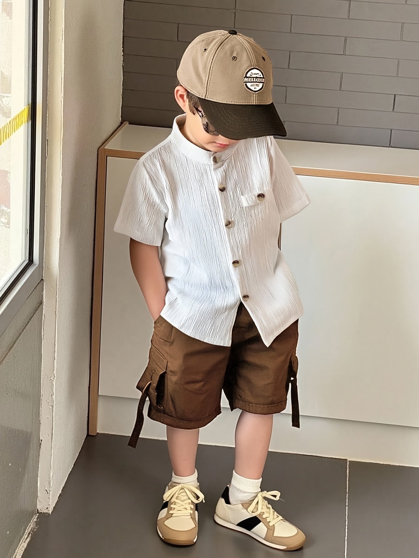 [Boys' Sports Shirt] Fashionable Solid Color Stand Collar Boys' Outdoor Sports Short Sleeve Shirt for Little Boys