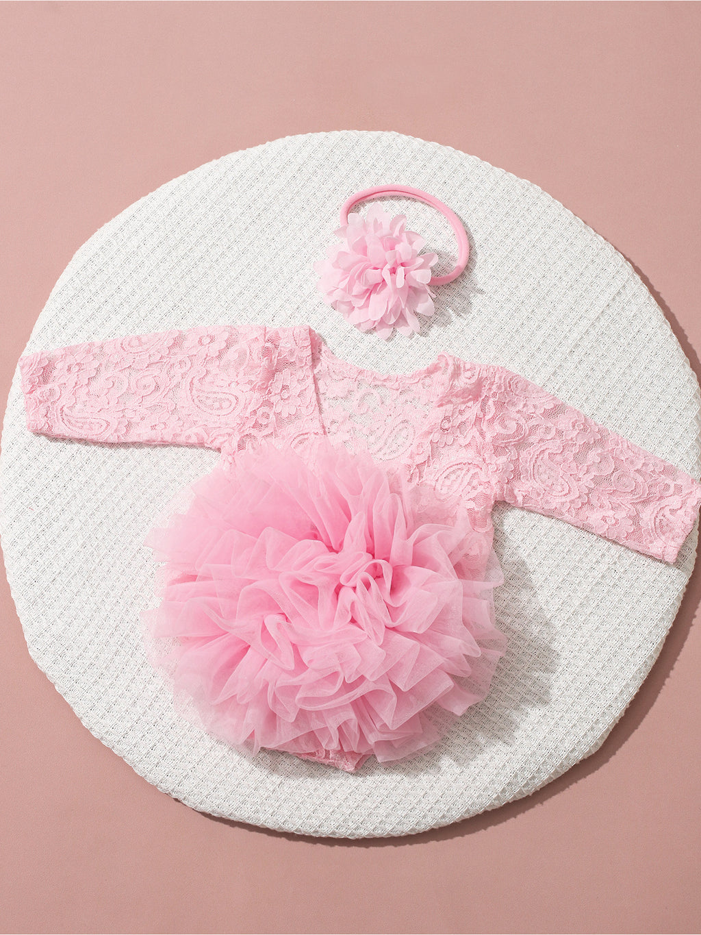 [Newborn Lace Bodysuit Set] Newborn Puff Mesh Lace Triangle Bodysuit with Headband - 2pcs Children's Knitted Long-Sleeve Set - Newborn Photography Outfit