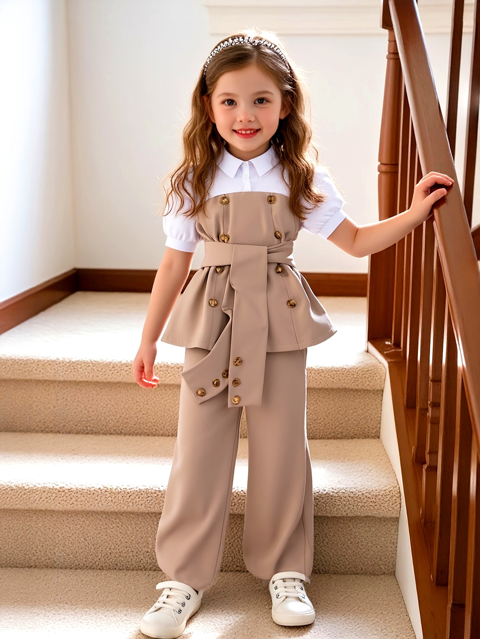 Contrasting Girls' Long Pants Set, Slim Princess Puff Sleeve Classic Contrasting Design, Flared Wide-Leg Pants, Beautiful And Comfortable Clothing, Durable Clothing, Back-To-School Outfit for Girls, School Outfit for Girls, Clothing Set, for Outdoor