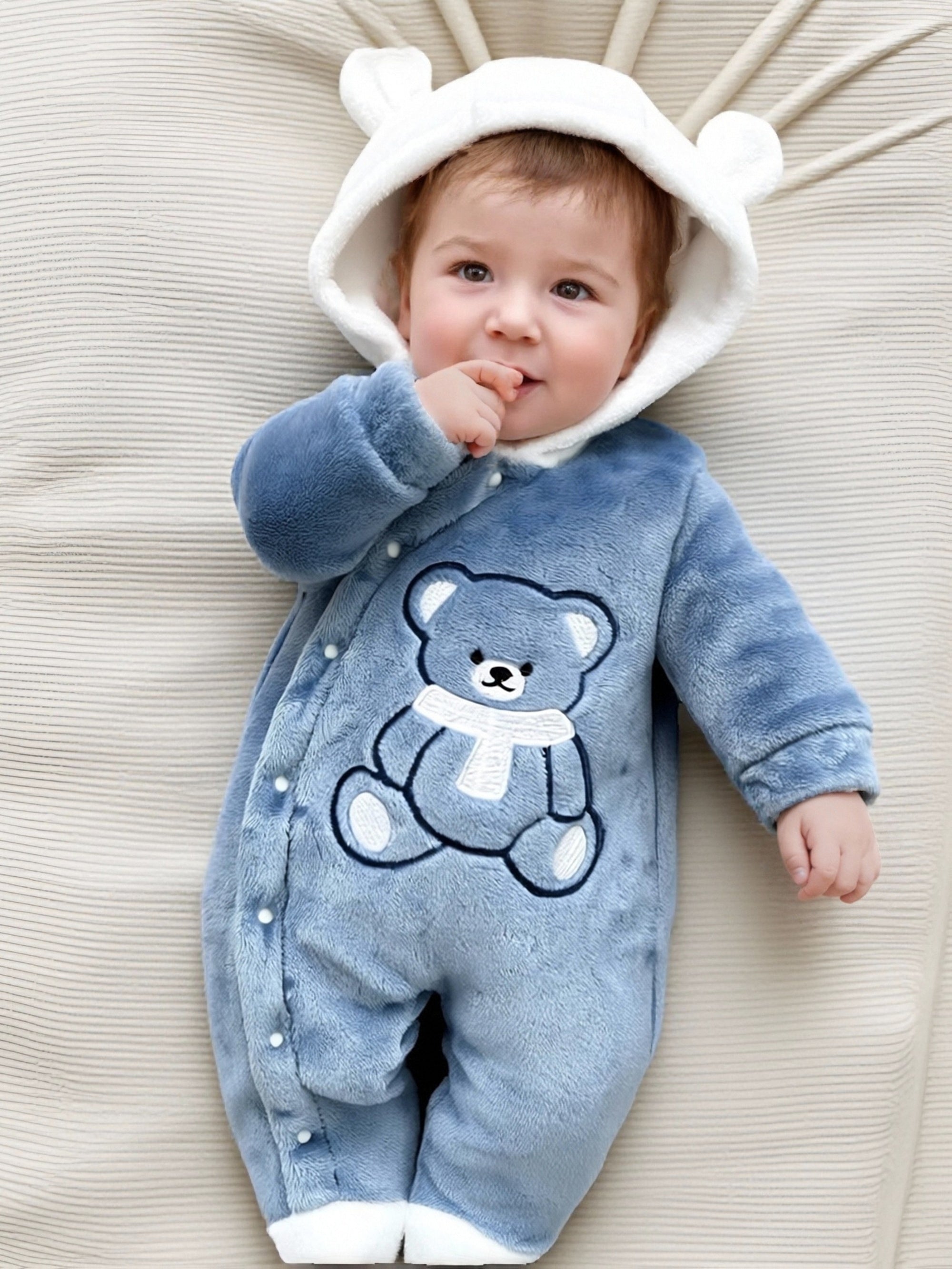 Baby Romper Onesie Autumn And Winter Thickened Warm Cute Scarf Bear Applique Embroidery Button Design Footed And Footed Jumpsuit Baby Christening Dress Outerwear, for Outdoor