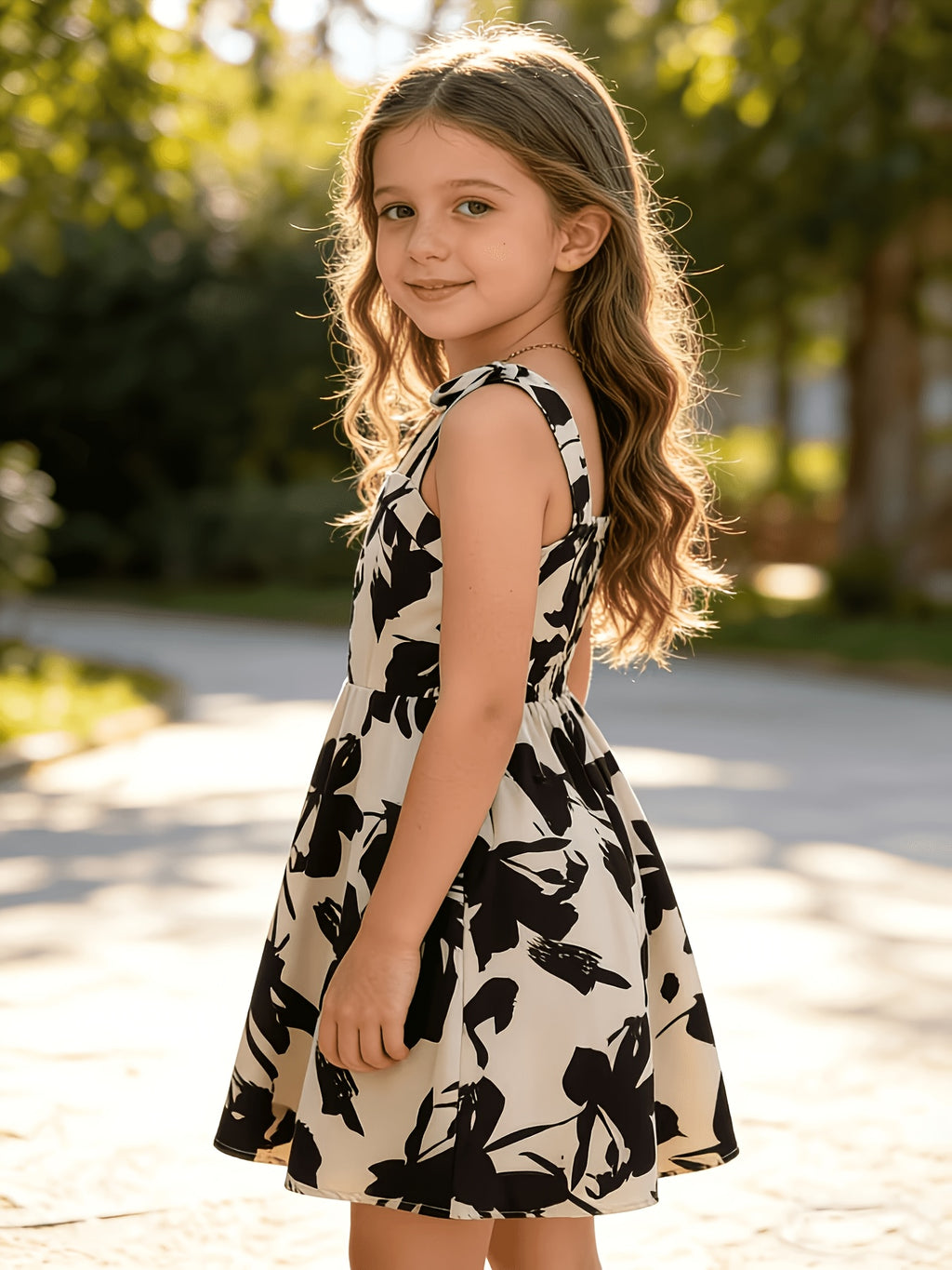 [Girls' Bow Dress] Girls' Fashion Dress - Sleeveless Square Neck Bow Shoulder Strap Ruched Waist