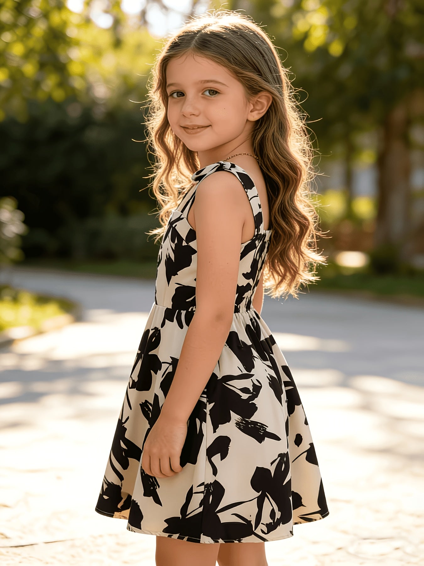 [Girls' Bow Dress] Girls' Fashion Dress - Sleeveless Square Neck Bow Shoulder Strap Ruched Waist