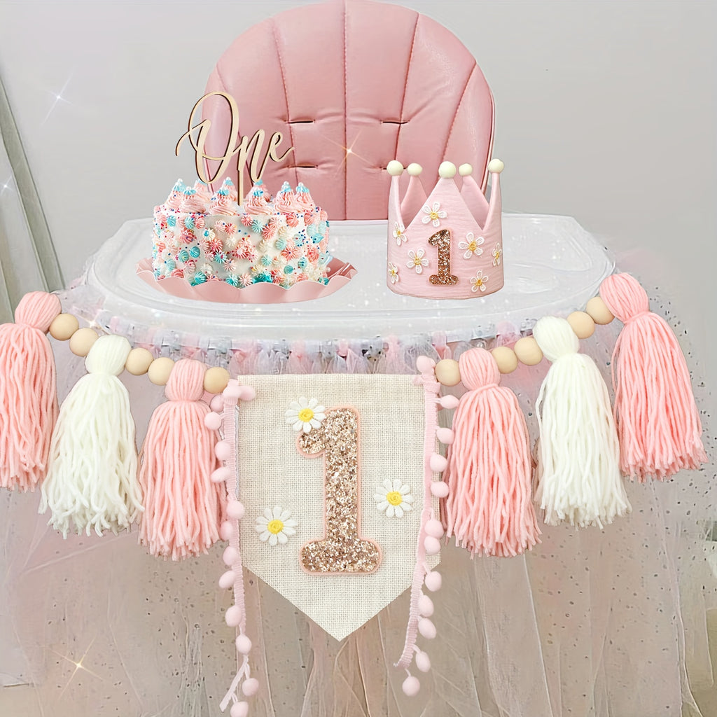 Set, Handmade Boho Birthday Set Includes Daisy White Pink Highchair Tassel Garland Banner, Cake Topper, Daisy Crown Hat Suitable For Party Decorations, Room Decorations, Cake Smash Props