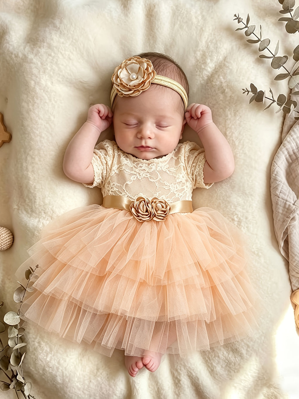 2pcs Newborn Lace Gauze Dress + Headband Baby Girl Knit Short Sleeve Gauze Puffy Skirt Set Infant Photography Outfit Set HD15