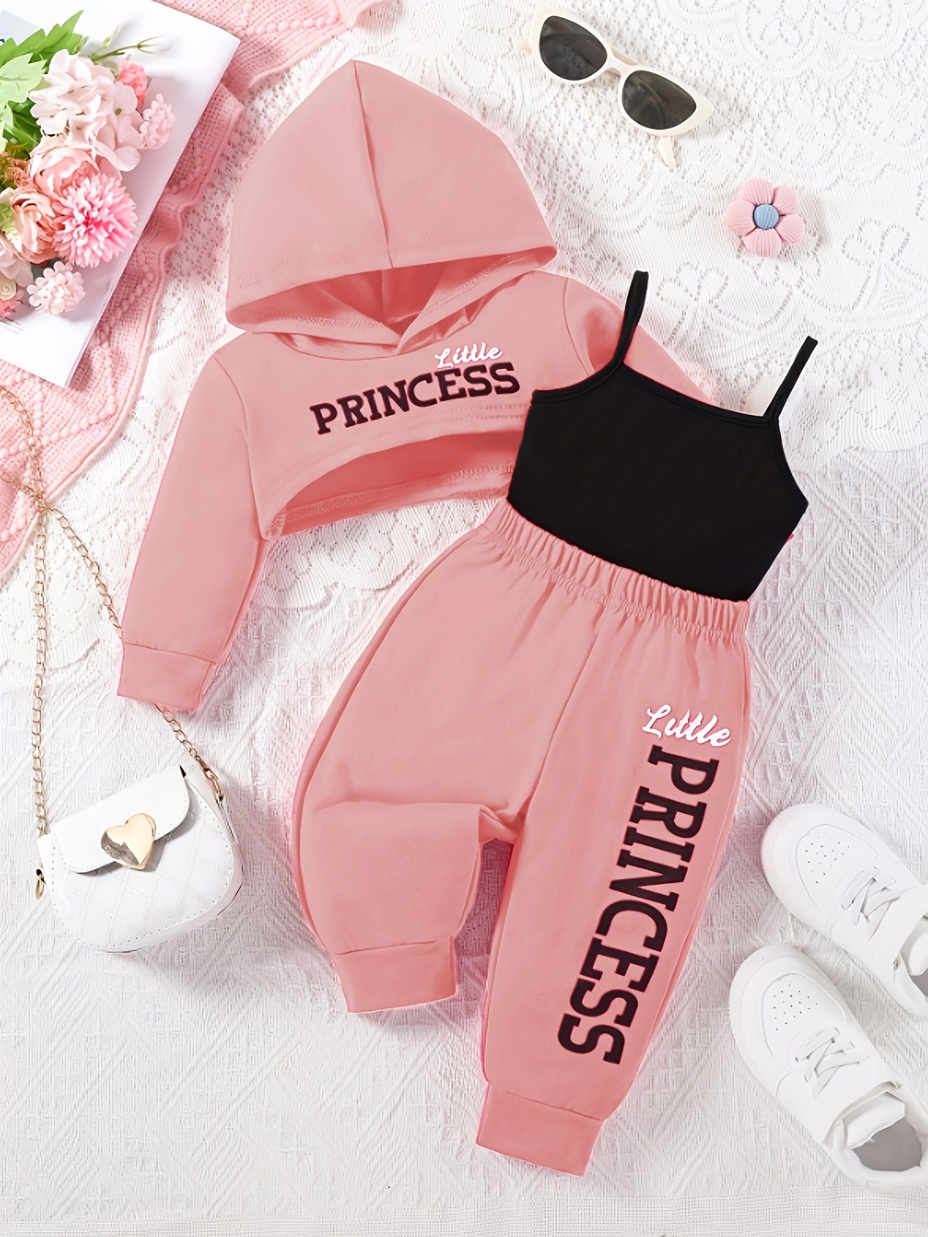 Girl Baby Fashion Letter Print/3pcs Set Kids Hoodie Short Top And Camisole Top And Pants Outfit/Street Casual/for Outdoor