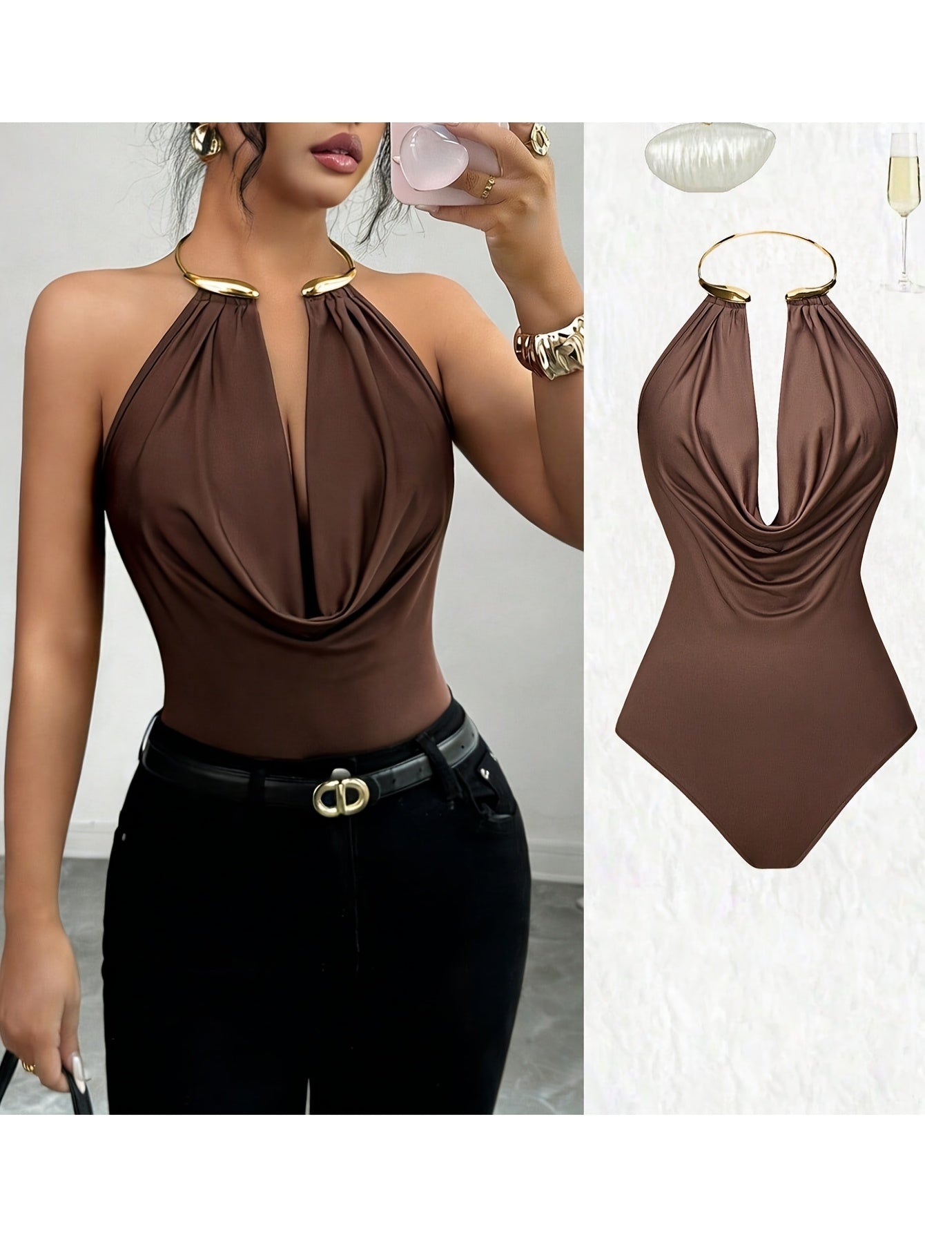 New Women'S Solid Color Versatile Summer Elegant Sexy Mature Style Collar Decorated with Open-Back Jumpsuit, Pleated Chest And Slim Jumpsuit Silhouette, Exuding Both Elegant And Sexy Charm, Suitable for Parties, Dates Or Semi-Formal Occasions