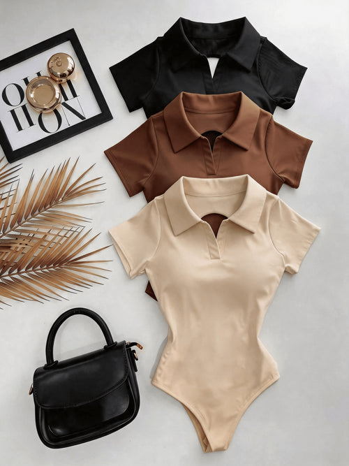 3pcs Women's Polo Collar Bodysuit with Back Cut-Out Design, Short Sleeve Slim Fit Casual Top