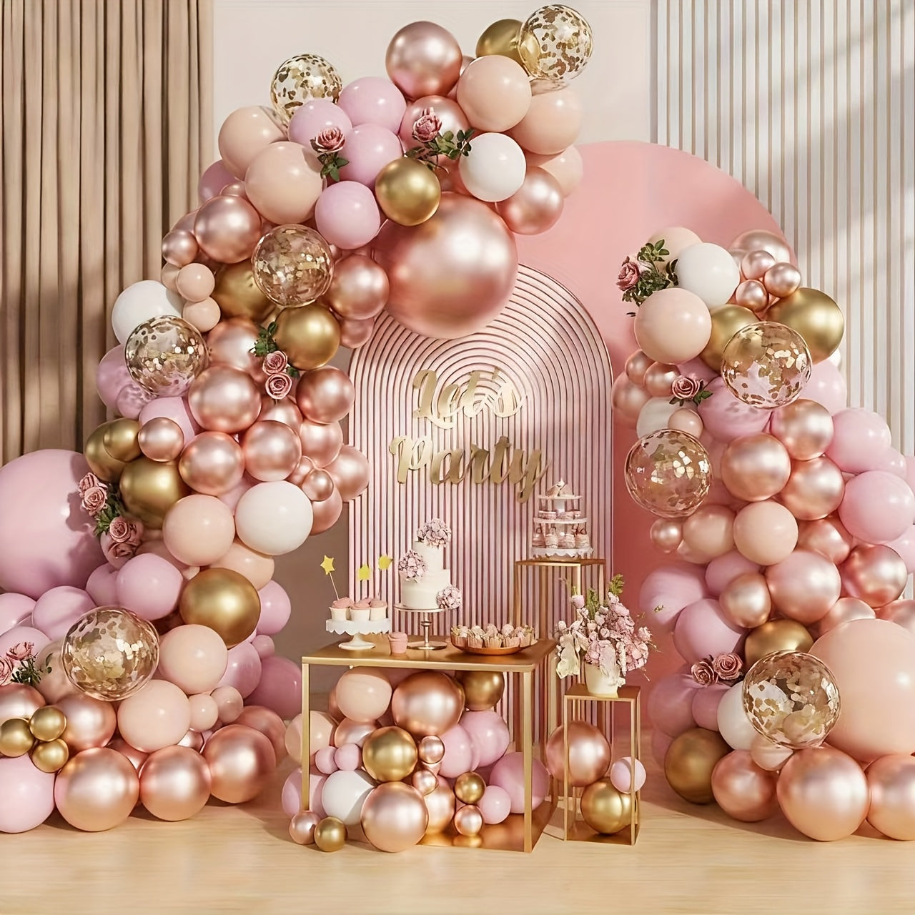 104pcs Rose Golden Pink Balloons Arch Pastel Pink Metallic Golden Matte White Confetti Balloons for Wedding Bridal Shower Princess Party Birthday Shower Decorations Supplies