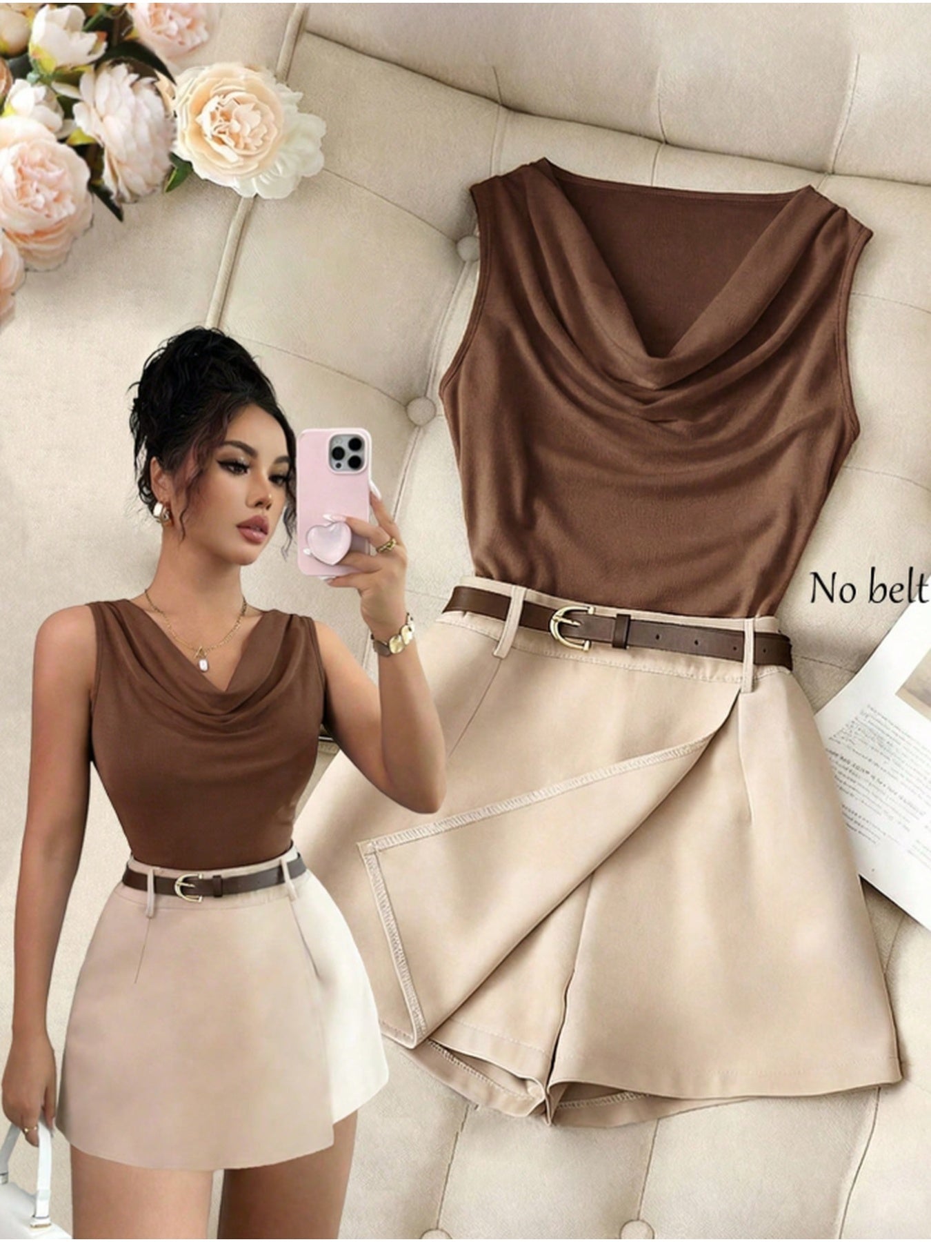 ZD260407049This New Spring/summer Women's Sleeveless Slim-fit Brown Vest Features a Ruffled Neckline and Comes with an Apricot Wide-leg Skirt. This 2pcs Outfit Is Suitable for Casual Attire, Business Occasions, Dates, and Various Other Events.