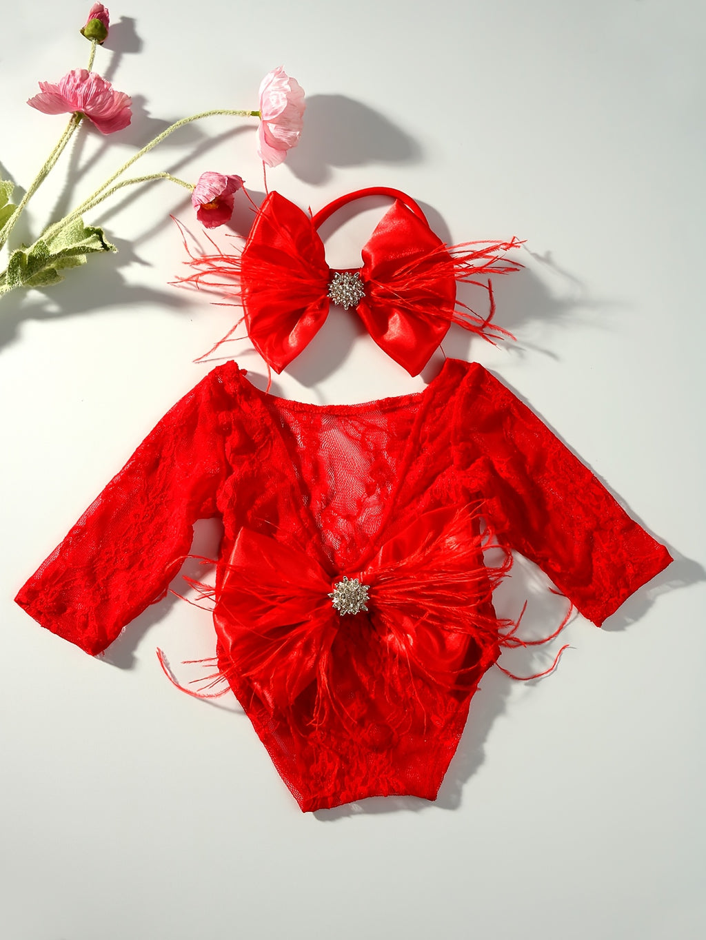 2pcs Baby Girl Knitted Long-sleeved Lace Romper with Handmade Bow Headband Newborn Photography Outfit HD15