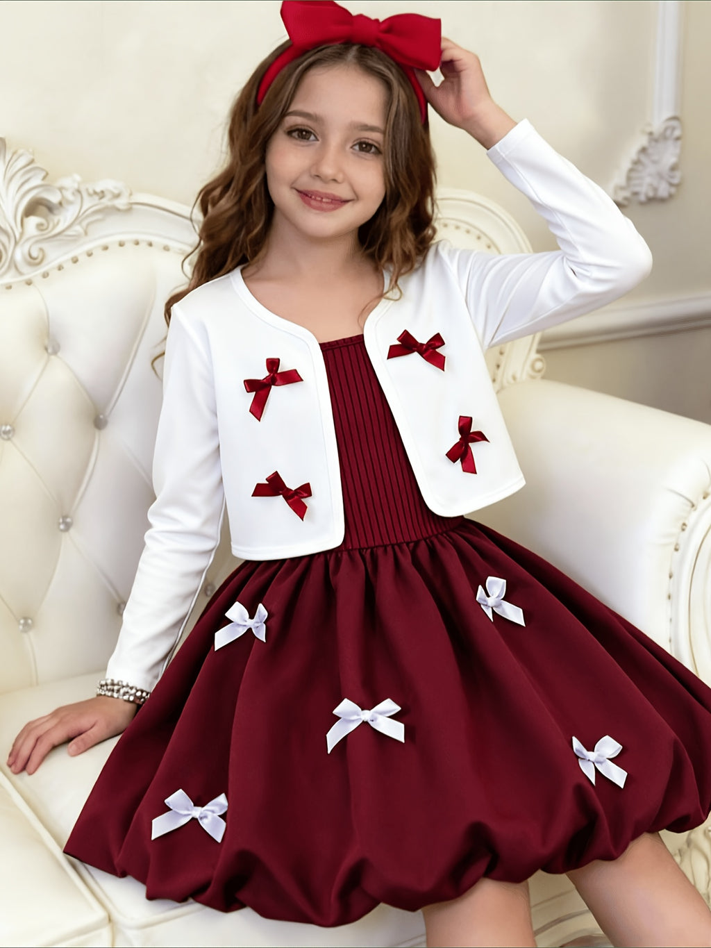 Girls Dress Set | Party Dress | Camisole Dress And Cardigan Set | Bow Detail Camisole Dress with Soft Stretch And Skin-Friendly Elegant Dress Set, Thin Straps, 8-12 Years Old Girls Long Sleeve Cardigan And Camisole Dress Set for Parties