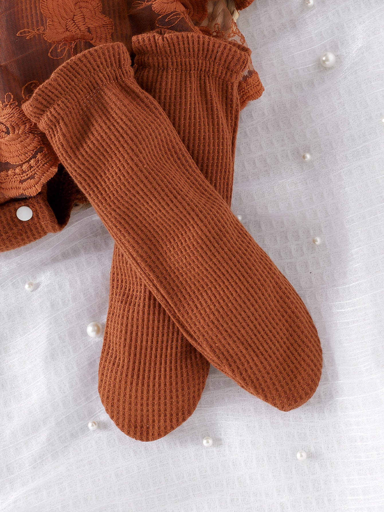 Fall Winter Style Baby Waffle Grid Lantern Sleeve Mesh Bodysuit, Socks And Headband, for Outdoor