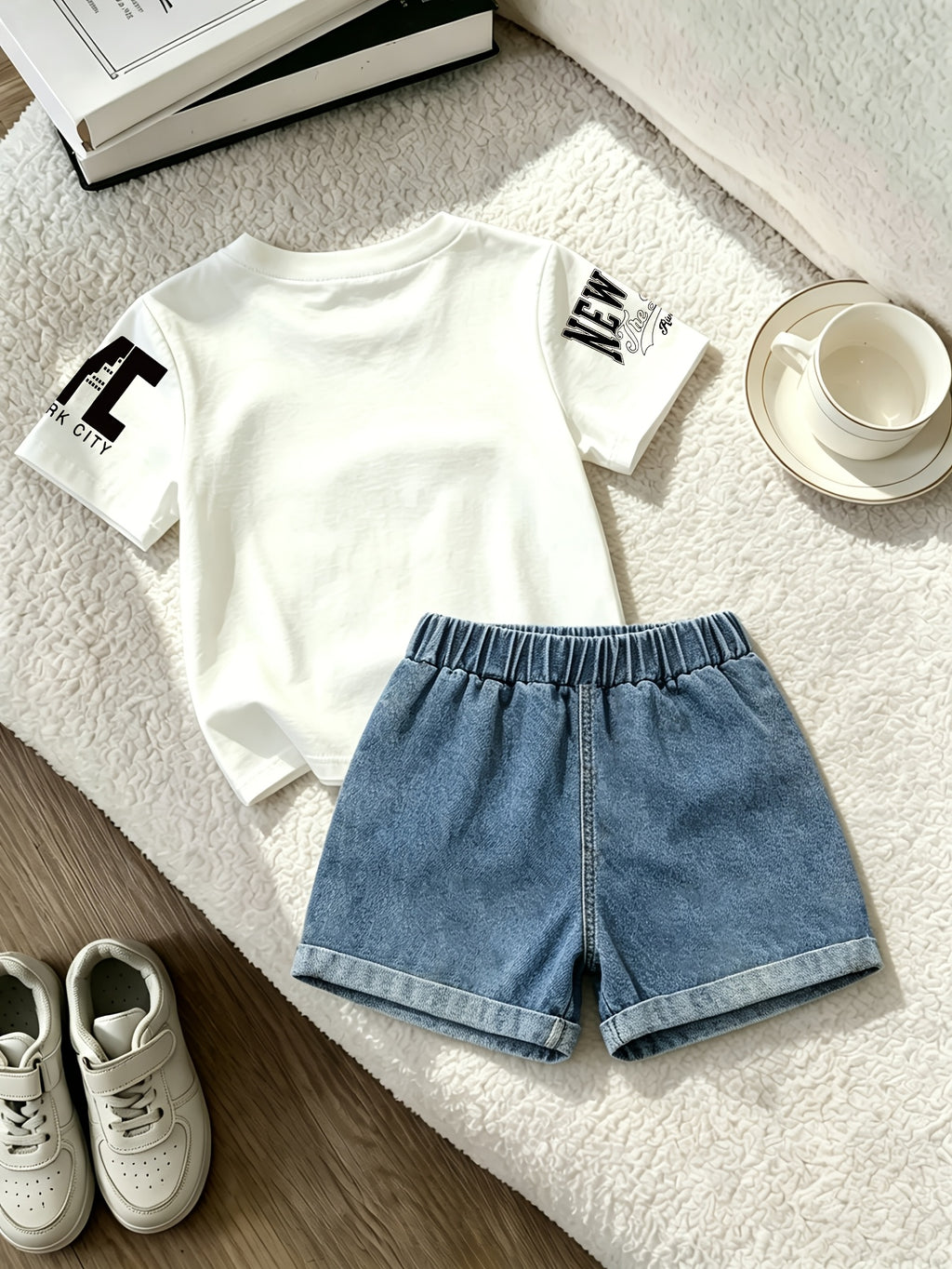 2pcs, LOS ANGELES Theme Pattern Print, Summer Fashion Boys Round Neck Short Sleeve T-Shirt And Distressed Shorts, American City Retro Casual Style, Outing, Daily Home Wear, Children'S Individual Style, for Outdoor