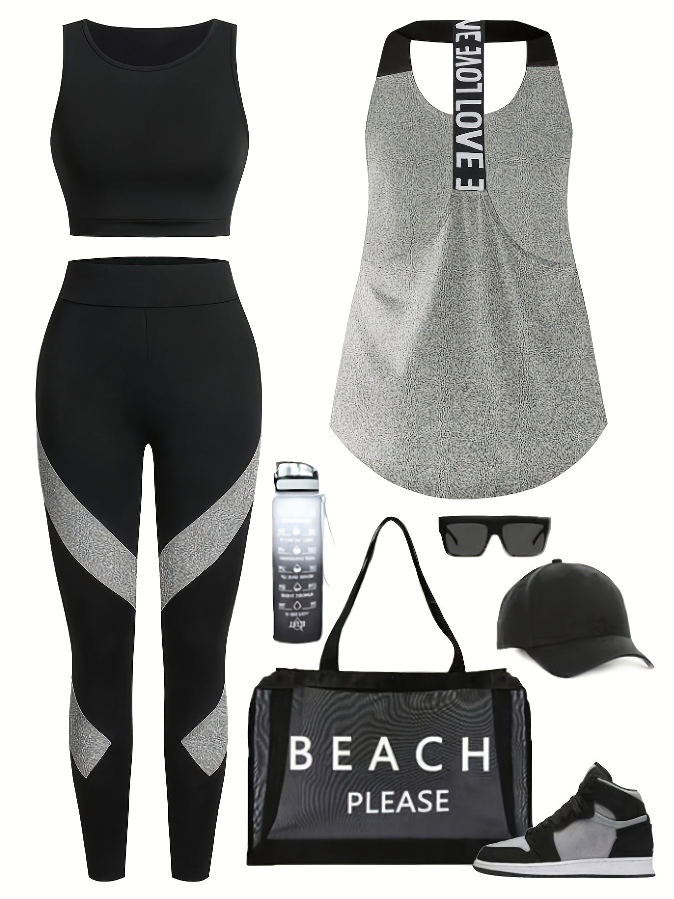 3pcs Color-Block Athletic Set, Women'S Solid Color Round Neck Vest And Leggings Athletic Suit, Color-Blocked Letter Webbing Sleeveless Top, Fitness Gear Workout Clothing, Suitable for Yoga, Pilates, Running, Cycling All-Season Athletic Wear
