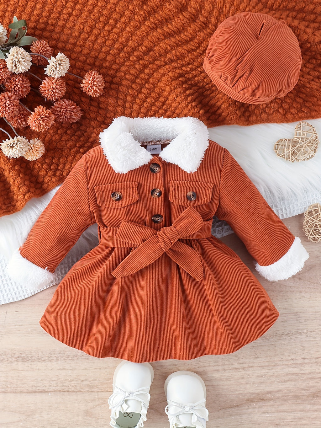 S 3pcs Winter Dress & Hat Set - Mustard-Yellow A-Line Collar Dress with White Faux Fur Trim, Belted Waist & Matching, Machine Washable Cozy Outfit for & (Ceremonial/Casual Wear)