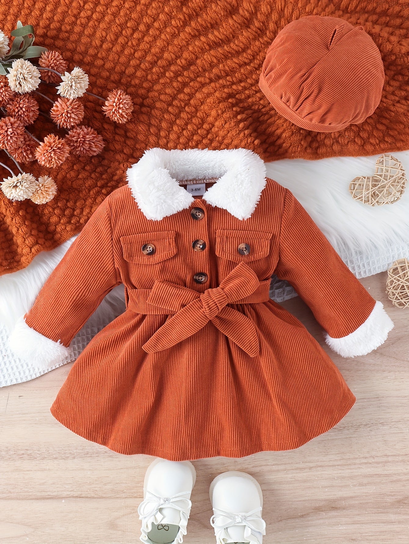 S 3pcs Winter Dress & Hat Set - Mustard-Yellow A-Line Collar Dress with White Faux Fur Trim, Belted Waist & Matching, Machine Washable Cozy Outfit for & (Ceremonial/Casual Wear)